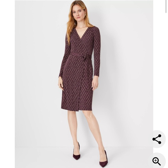 Ann Taylor Dresses & Skirts - Ann Taylor Burgundy Geometric Long Sleeve Wrap Dress